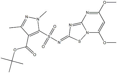 1,3-Dimethyl-5-[(5,7-dimethoxy-2H-[1,2,4]thiadiazolo[2,3-a]pyrimidin-2-ylidene)sulfamoyl]-1H-pyrazole-4-carboxylic acid tert-butyl ester 구조식 이미지