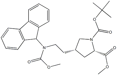 (S)-N-alpha-t-Butyloxycarbonyl-trans-4-[2-(9-fluorenylmethyloxycarbonyl-amino)ethyl]-proline methyl ester 구조식 이미지