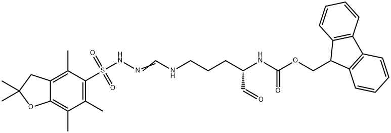 Carbamic acid, N-[(1S)-4-[[[[(2,3-dihydro-2,2,4,6,7-pentamethyl-5-benzofuranyl)sulfonyl]amino]iminomethyl]amino]-1-formylbutyl]-, 9H-fluoren-9-ylmethyl ester Structure