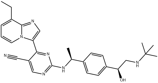 2-(((S)-1-(4-((S)-2-(tert-butylamino)-1-hydroxyethyl)phenyl)ethyl)amino)-4-(8-ethylimidazo[1,2-a]pyridin-3-yl)pyrimidine-5-carbonitrile Structure