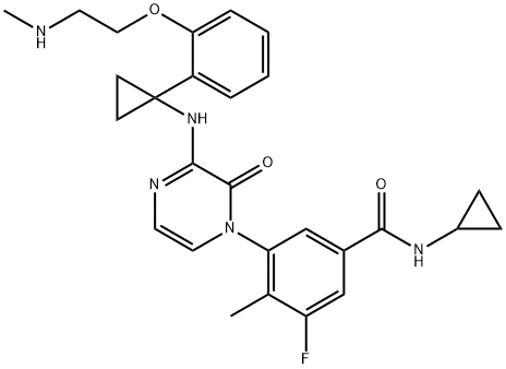 N-cyclopropyl-3-fluoro-4-methyl-5-[3-[[1-[2-[2-(methylamino)ethoxy]phenyl]cyclopropyl]amino]-2-oxo-1(2H)-pyrazinyl]-benzamide 구조식 이미지