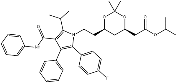 propan-2-yl 2-[(4R,6R)-6-{2-[2-(4-fluorophenyl)-3-phenyl-4-(phenylcarbamoyl)-5-(propan-2-yl)-1H-pyrrol-1-yl]ethyl}-2,2-dimethyl-1,3-dioxan-4-yl]acetate 구조식 이미지