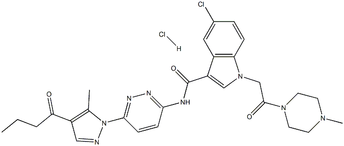 5-Chloro-N-[6-[5-methyl-4-(1-oxobutyl)-1H-pyrazol-1-yl]-3-pyridazinyl]-1-[2-(4-methyl-1-piperazinyl)-2-oxoethyl]-1H-indole-3-carboxamide hydrochloride 구조식 이미지