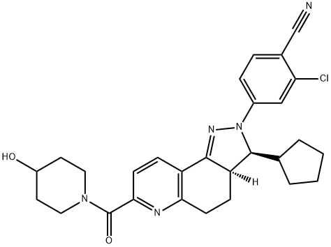 Benzonitrile, 2-chloro-4-[(3S,3aR)-3-cyclopentyl-3,3a,4,5-tetrahydro-7-[(4-hydroxy-1-piperidinyl)carbonyl]-2H-pyrazolo[3,4-f]quinolin-2-yl]- 구조식 이미지