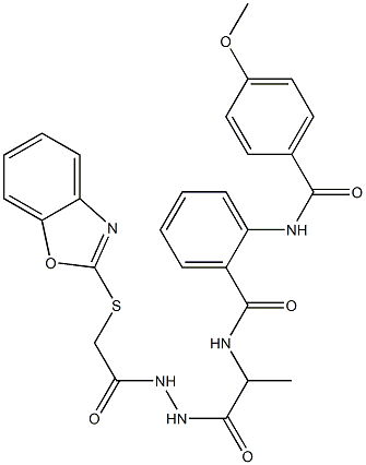 N-(2-{2-[(1,3-benzoxazol-2-ylsulfanyl)acetyl]hydrazino}-1-methyl-2-oxoethyl)-2-[(4-methoxybenzoyl)amino]benzamide 구조식 이미지