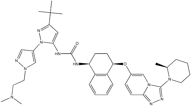 1-(3-(tert-butyl)-1'-(2-(dimethylamino)ethyl)-1'H-[1,4'-bipyrazol]-5-yl)- 3-((1S,4R)-4-((3-((S)-2-methylpiperidin-1-yl)-[1,2,4]triazolo[4,3-a]pyridin-6-yl)oxy)- 1,2,3,4-tetrahydronaphthalen-1-yl)urea Structure