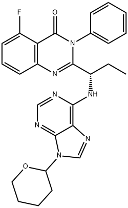 5-fluoro-3-phenyl-2-((1S)-1-((9-(tetrahydro-2H-pyran-2-yl)-9H-purin-6-yl)amino)propyl)quinazolin-4(3H)-one 구조식 이미지