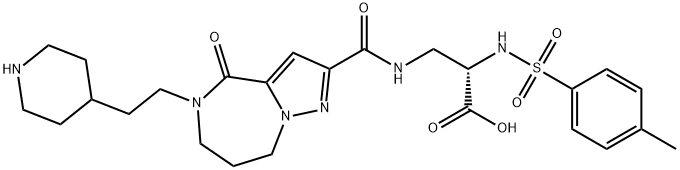 (2S)-2-[(4-methylphenyl)sulfonylamino]-3-[[4-oxo-5-(2-piperidin-4-ylethyl)-7,8-dihydro-6H-pyrazolo[1,5-a][1,4]diazepine-2-carbonyl]amino]propanoicacid Structure