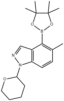 5-methyl-1-(tetrahydro-2H-pyran-2-yl)-4-(4,4,5,5-tetramethyl-1,3,2-dioxaborolan-2-yl)-1H-indazole 구조식 이미지