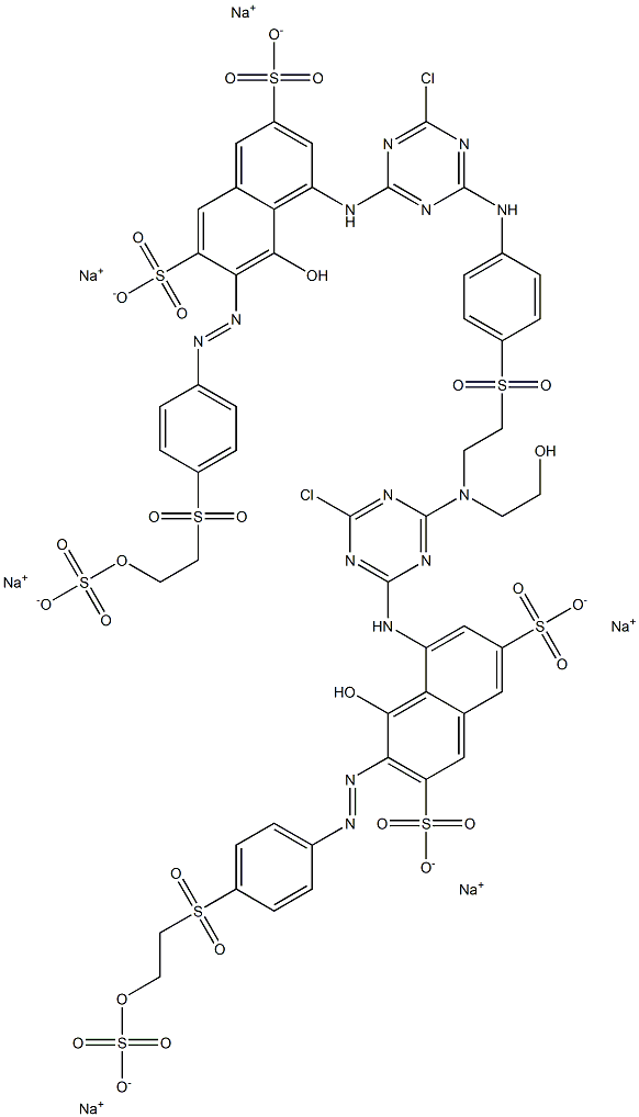 hexasodium 5-({4-chloro-6-[{2-[(4-{[4-chloro-6-({8-hydroxy-3,6-disulfonato-7-[(4-{[2-(sulfonatooxy)ethyl]sulfonyl}phenyl)diazenyl]-1-naphthyl}amino)-1,3,5-triazin-2-yl]amino}phenyl)sulfonyl]ethyl}(2-hydroxyethyl)amino]-1,3,5-triazin-2-yl}amino)-4-hydroxy-3-[(4-{[2-(sulfonatooxy)ethyl]sulfonyl}phenyl)diazenyl]naphthalene-2,7-disulfonate Structure