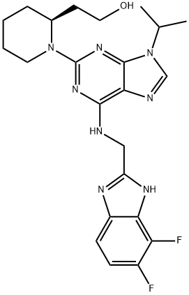 (S)-2-(1-(6-(((6,7-difluoro-1H-benzo[d]imidazol-2-yl)methyl)amino)-9-isopropyl-9H-purin-2-yl)piperidin-2-yl)ethan-1-ol 구조식 이미지