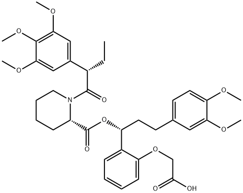 2-Piperidinecarboxylic acid, 1-[(2S)-1-oxo-2-(3,4,5-trimethoxyphenyl)butyl]-, (1R)-1-[2-(carboxymethoxy)phenyl]-3-(3,4-dimethoxyphenyl)propyl ester, (2S)- 구조식 이미지