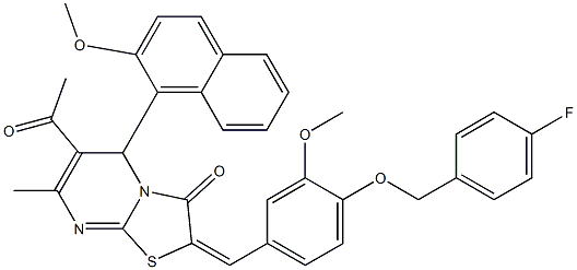 6-acetyl-2-{4-[(4-fluorobenzyl)oxy]-3-methoxybenzylidene}-5-(2-methoxy-1-naphthyl)-7-methyl-5H-[1,3]thiazolo[3,2-a]pyrimidin-3(2H)-one 구조식 이미지