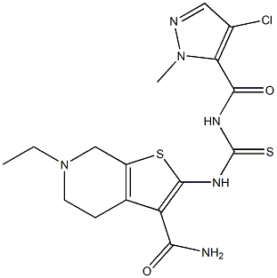 2-[({[(4-chloro-1-methyl-1H-pyrazol-5-yl)carbonyl]amino}carbothioyl)amino]-6-ethyl-4,5,6,7-tetrahydrothieno[2,3-c]pyridine-3-carboxamide Structure