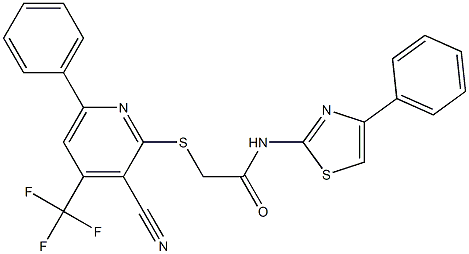 2-{[3-cyano-6-phenyl-4-(trifluoromethyl)-2-pyridinyl]sulfanyl}-N-(4-phenyl-1,3-thiazol-2-yl)acetamide Structure