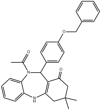 10-acetyl-11-[4-(benzyloxy)phenyl]-3,3-dimethyl-2,3,4,5,10,11-hexahydro-1H-dibenzo[b,e][1,4]diazepin-1-one 구조식 이미지