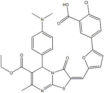 2-chloro-5-{5-[(5-[4-(dimethylamino)phenyl]-6-(ethoxycarbonyl)-7-methyl-3-oxo-5H-[1,3]thiazolo[3,2-a]pyrimidin-2(3H)-ylidene)methyl]-2-furyl}benzoic acid Structure