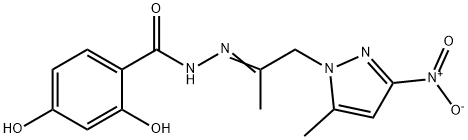 2,4-dihydroxy-N'-(2-{3-nitro-5-methyl-1H-pyrazol-1-yl}-1-methylethylidene)benzohydrazide 구조식 이미지