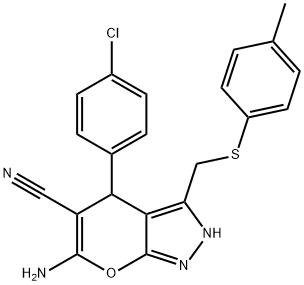 6-amino-4-(4-chlorophenyl)-3-{[(4-methylphenyl)sulfanyl]methyl}-2,4-dihydropyrano[2,3-c]pyrazole-5-carbonitrile 구조식 이미지