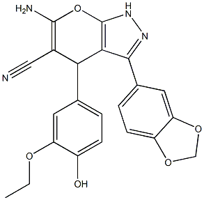 6-amino-3-(1,3-benzodioxol-5-yl)-4-(3-ethoxy-4-hydroxyphenyl)-1,4-dihydropyrano[2,3-c]pyrazole-5-carbonitrile 구조식 이미지