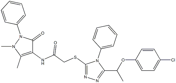 2-({5-[1-(4-chlorophenoxy)ethyl]-4-phenyl-4H-1,2,4-triazol-3-yl}sulfanyl)-N-(1,5-dimethyl-3-oxo-2-phenyl-2,3-dihydro-1H-pyrazol-4-yl)acetamide 구조식 이미지