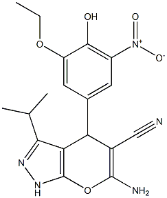 6-amino-4-{3-ethoxy-4-hydroxy-5-nitrophenyl}-3-isopropyl-1,4-dihydropyrano[2,3-c]pyrazole-5-carbonitrile Structure