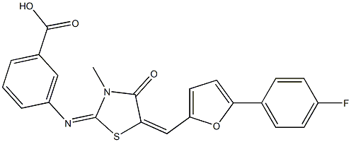 3-[(5-{[5-(4-fluorophenyl)-2-furyl]methylene}-3-methyl-4-oxo-1,3-thiazolidin-2-ylidene)amino]benzoic acid Structure