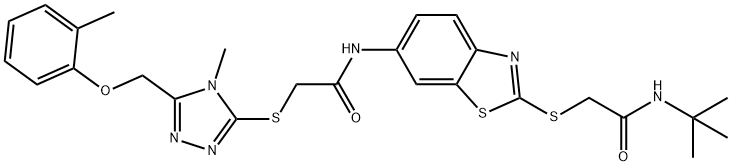 N-(2-{[2-(tert-butylamino)-2-oxoethyl]sulfanyl}-1,3-benzothiazol-6-yl)-2-({4-methyl-5-[(2-methylphenoxy)methyl]-4H-1,2,4-triazol-3-yl}sulfanyl)acetamide 구조식 이미지