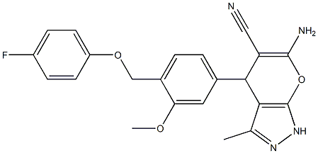 6-amino-4-{4-[(4-fluorophenoxy)methyl]-3-methoxyphenyl}-3-methyl-1,4-dihydropyrano[2,3-c]pyrazole-5-carbonitrile 구조식 이미지