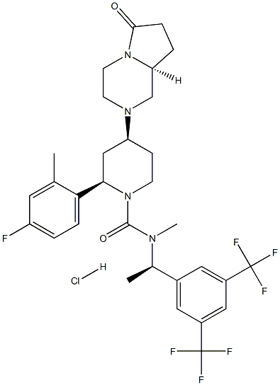 (2R,4S)-N-{(1R)-1-[3,5-bis(trifluoromethyl)phenyl]ethyl}-2-(4-fluoro-2-methylphenyl)-N-methyl-4-[(8aS)-6-oxohexahydropyrrolo[1,2-a]pyrazin-2(1H)-yl]-1-piperidinecarboxamide hydrochloride Structure