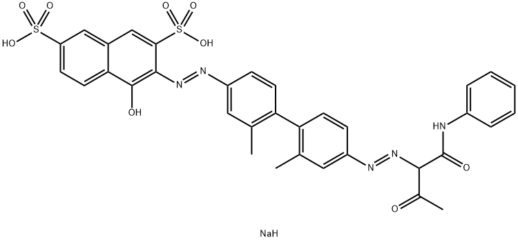 2,7-Naphthalenedisulfonic acid, 3-[[3,3'-dimethyl-4'-[[3-oxo-1-[(phenylamino)carbonyl]propyl]azo][1,1'-biphenyl]-4-yl]azo]-4-hydroxy-, disodium salt 구조식 이미지