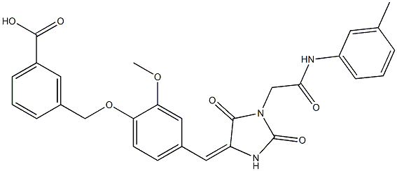 3-{[4-({2,5-dioxo-1-[2-oxo-2-(3-toluidino)ethyl]-4-imidazolidinylidene}methyl)-2-methoxyphenoxy]methyl}benzoic acid 구조식 이미지