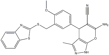 6-amino-4-{3-[(1,3-benzothiazol-2-ylsulfanyl)methyl]-4-methoxyphenyl}-3-methyl-1,4-dihydropyrano[2,3-c]pyrazole-5-carbonitrile Structure