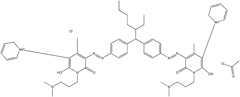 1'-[3-(dimethylamino)propyl]-5'-[(E)-2-[4-(1-{4-[(E)-2-{1'-[3-(dimethylamino)propyl]-2'-hydroxy-4'-methyl-6'-oxo-1',6'-dihydro-1lambda5-[1,3'-bipyridin]-1-ylium-5'-yl}diazen-1-yl]phenyl}-2-ethylhexyl)phenyl]diazen-1-yl]-2'-hydroxy-4'-methyl-6'-oxo-1',6'-dihydro-1lambda5-[1,3'-bipyridin]-1-ylium acetate chloride Structure