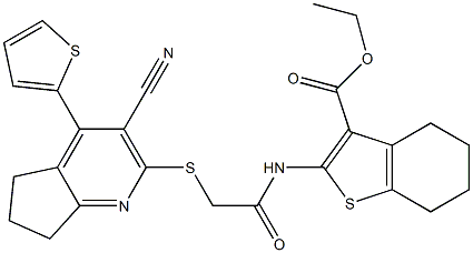 ethyl 2-[(2-{[3-cyano-4-(2-thienyl)-6,7-dihydro-5H-cyclopenta[b]pyridin-2-yl]sulfanyl}acetyl)amino]-4,5,6,7-tetrahydro-1-benzothiophene-3-carboxylate 구조식 이미지