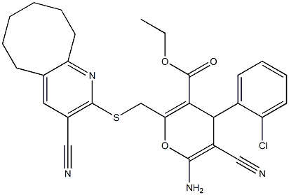 ethyl 6-amino-4-(2-chlorophenyl)-5-cyano-2-{[(3-cyano-5,6,7,8,9,10-hexahydrocycloocta[b]pyridin-2-yl)sulfanyl]methyl}-4H-pyran-3-carboxylate 구조식 이미지