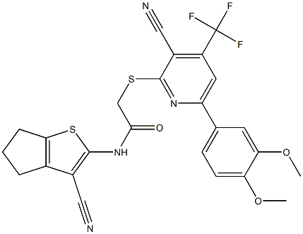 N-(3-cyano-5,6-dihydro-4H-cyclopenta[b]thiophen-2-yl)-2-{[3-cyano-6-(3,4-dimethoxyphenyl)-4-(trifluoromethyl)-2-pyridinyl]sulfanyl}acetamide 구조식 이미지