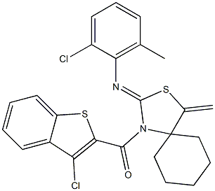 (3-chlorobenzo[b]thiophen-2-yl){2-[(2-chloro-6-methylphenyl)imino]-4-methylidene-3-thia-1-azaspiro[4.5]dec-1-yl}methanone 구조식 이미지