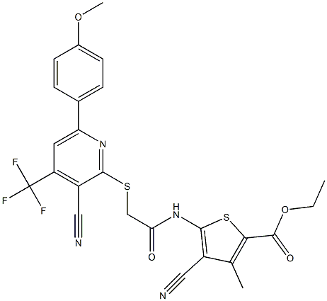 ethyl 4-cyano-5-[(2-{[3-cyano-6-(4-methoxyphenyl)-4-(trifluoromethyl)-2-pyridinyl]sulfanyl}acetyl)amino]-3-methyl-2-thiophenecarboxylate 구조식 이미지