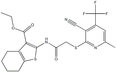 ethyl 2-[(2-{[3-cyano-6-methyl-4-(trifluoromethyl)-2-pyridinyl]sulfanyl}acetyl)amino]-4,5,6,7-tetrahydro-1-benzothiophene-3-carboxylate 구조식 이미지