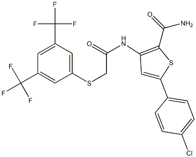 5-(4-chlorophenyl)-3-[(2-{[3,5-di(trifluoromethyl)phenyl]thio}acetyl)amino]thiophene-2-carboxamide Structure