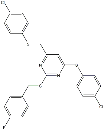 4-chlorophenyl {6-[(4-chlorophenyl)sulfanyl]-2-[(4-fluorobenzyl)sulfanyl]-4-pyrimidinyl}methyl sulfide Structure