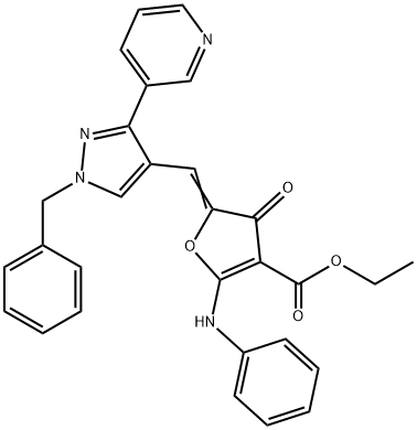 3-Furancarboxylic  acid,  4,5-dihydro-4-oxo-2-(phenylamino)-5-[[1-(phenylmethyl)-3-(3-pyridinyl)-1H-pyrazol-4-yl]methylene]-,  ethyl  ester Structure