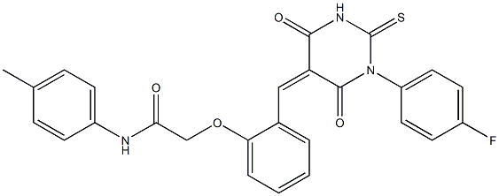 2-{2-[(1-(4-fluorophenyl)-4,6-dioxo-2-thioxotetrahydropyrimidin-5(2H)-ylidene)methyl]phenoxy}-N-(4-methylphenyl)acetamide 구조식 이미지