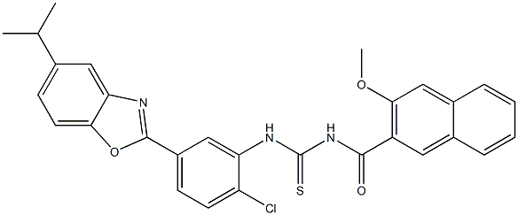 N-[2-chloro-5-(5-isopropyl-1,3-benzoxazol-2-yl)phenyl]-N'-(3-methoxy-2-naphthoyl)thiourea 구조식 이미지