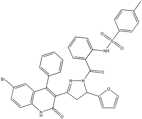 N-(2-{[3-(6-bromo-2-oxo-4-phenyl-1,2-dihydro-3-quinolinyl)-5-(2-furyl)-4,5-dihydro-1H-pyrazol-1-yl]carbonyl}phenyl)-4-methylbenzenesulfonamide 구조식 이미지