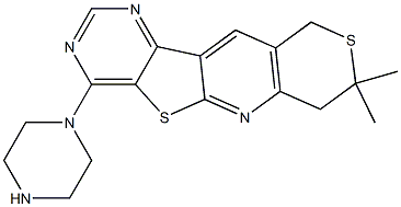 8,8-dimethyl-4-(1-piperazinyl)-7,10-dihydro-8H-thiopyrano[3'',4'':5',6']pyrido[3',2':4,5]thieno[3,2-d]pyrimidine 구조식 이미지