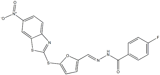 4-fluoro-N'-{[5-({6-nitro-1,3-benzothiazol-2-yl}sulfanyl)-2-furyl]methylene}benzohydrazide 구조식 이미지