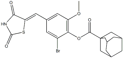 2-bromo-4-[(2,4-dioxo-1,3-thiazolidin-5-ylidene)methyl]-6-methoxyphenyl 1-adamantanecarboxylate 구조식 이미지