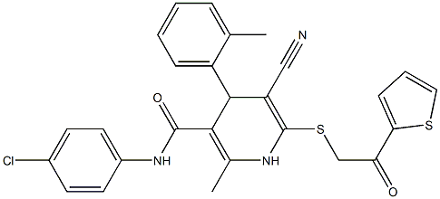 N-(4-chlorophenyl)-5-cyano-2-methyl-4-(2-methylphenyl)-6-{[2-oxo-2-(2-thienyl)ethyl]sulfanyl}-1,4-dihydro-3-pyridinecarboxamide 구조식 이미지